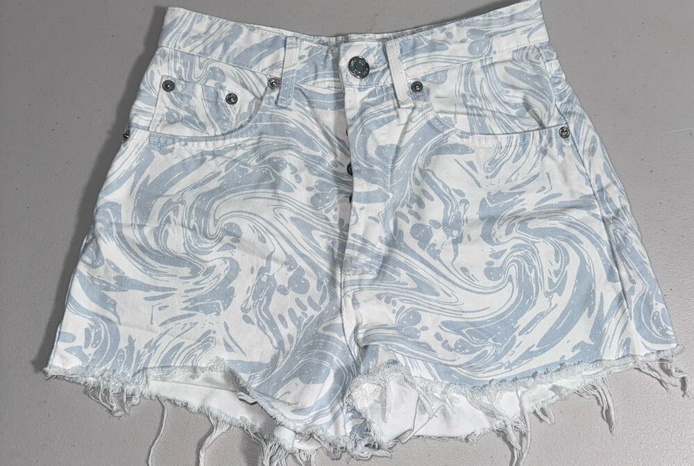 Zara Women 2 High Rise Shorts Denim Travel Marble Swirl Print Raw Hem Button Fly